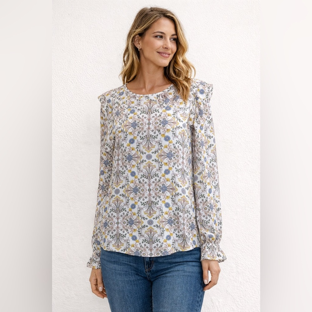LOFT- White Floral Long Sleeve Top‎ with Blue & Yellow Accents Size XS